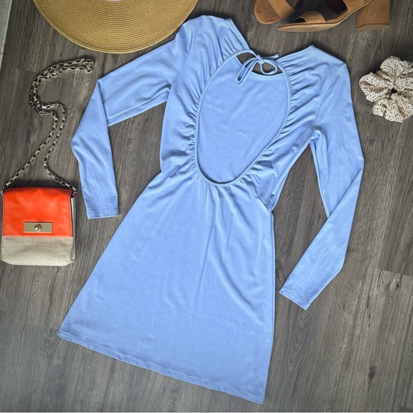 Aritzia Wilfred Small Stardust Long Sleeve Mini Dress Periwinkle Blue Open Back - Picture 2 of 8